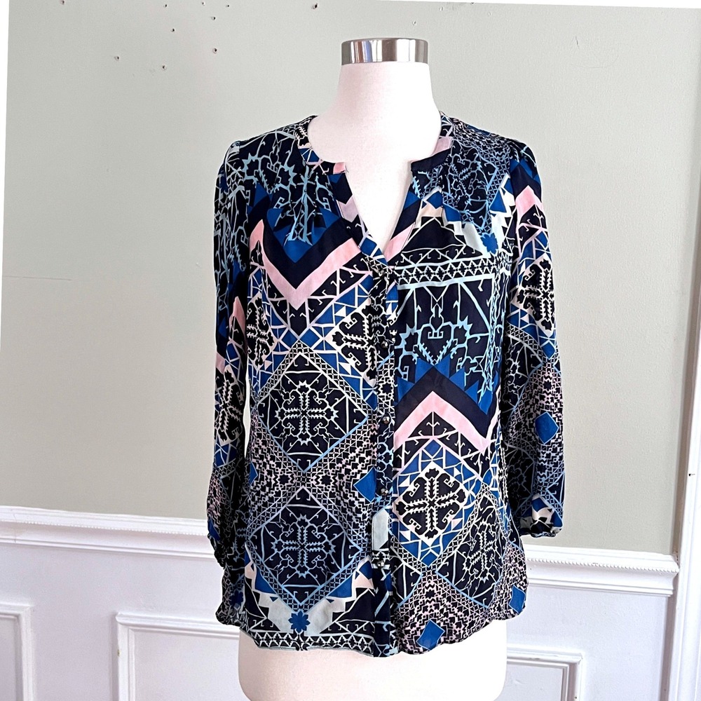 Leifsdottir Silk Blouse Womens 6 Geometric Tribal Print Blue Pink Boho Button Up